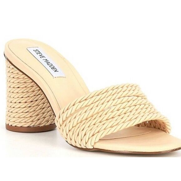 Steve Madden Jolina Block Heel Cream Slip On Open Toe Sandals Size 8 - Picture 1 of 7